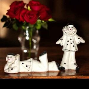 Vintage Pierrot Clown B&W Ceramic Figurine Mid Century Harlequin Collectibles